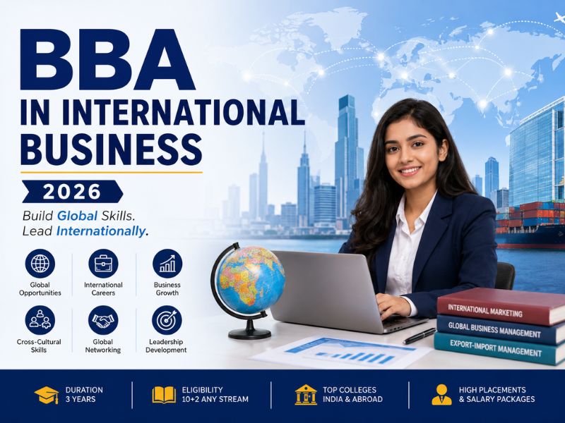 BBA in International Business student with world map, cargo ship, airplane, global trade, and international business management concept