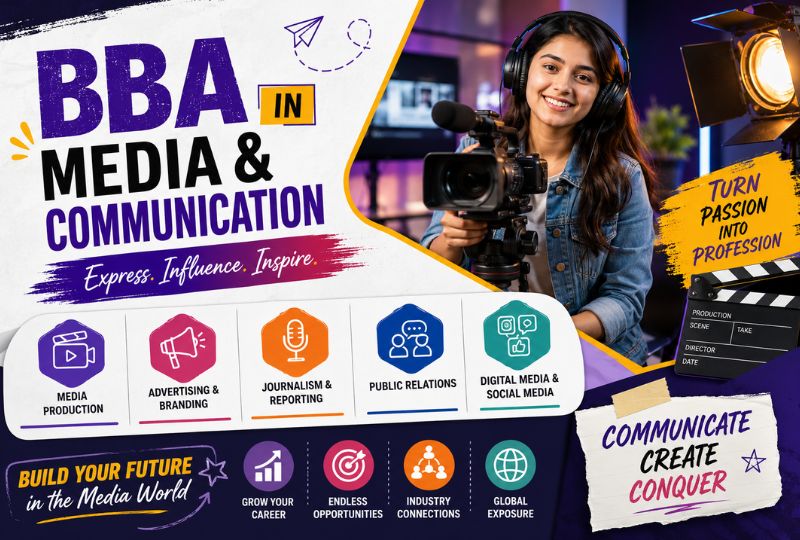 Students studying BBA in Media and Communication with camera, microphone, digital marketing, news studio, and creative media production.
