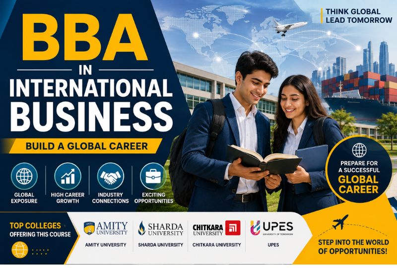 Students studying BBA in International Business with global trade, world map, business icons, and modern university campus.