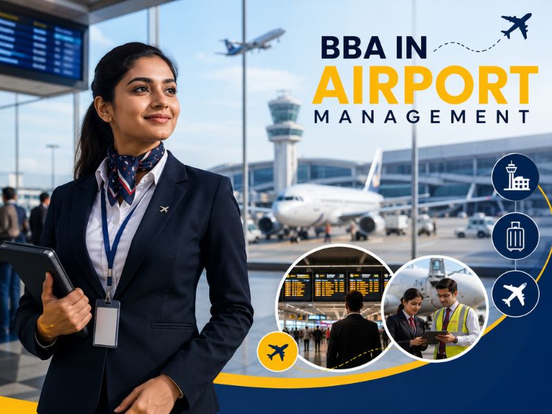 A student in formal attire standing at an international airport with an airplane, airport terminal, luggage, and aviation icons representing a BBA in Airport Management course