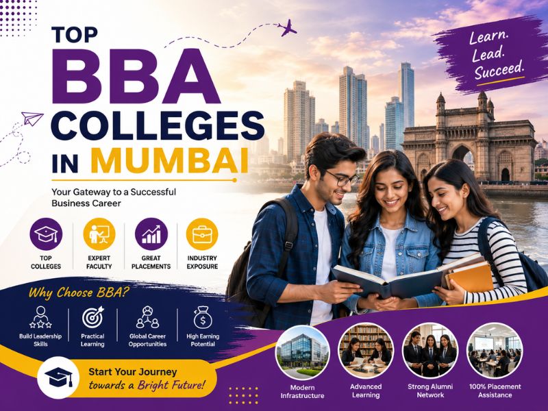 Students standing in front of a modern college campus in Mumbai with the Mumbai skyline, business icons, and graduation cap representing top BBA colleges.
