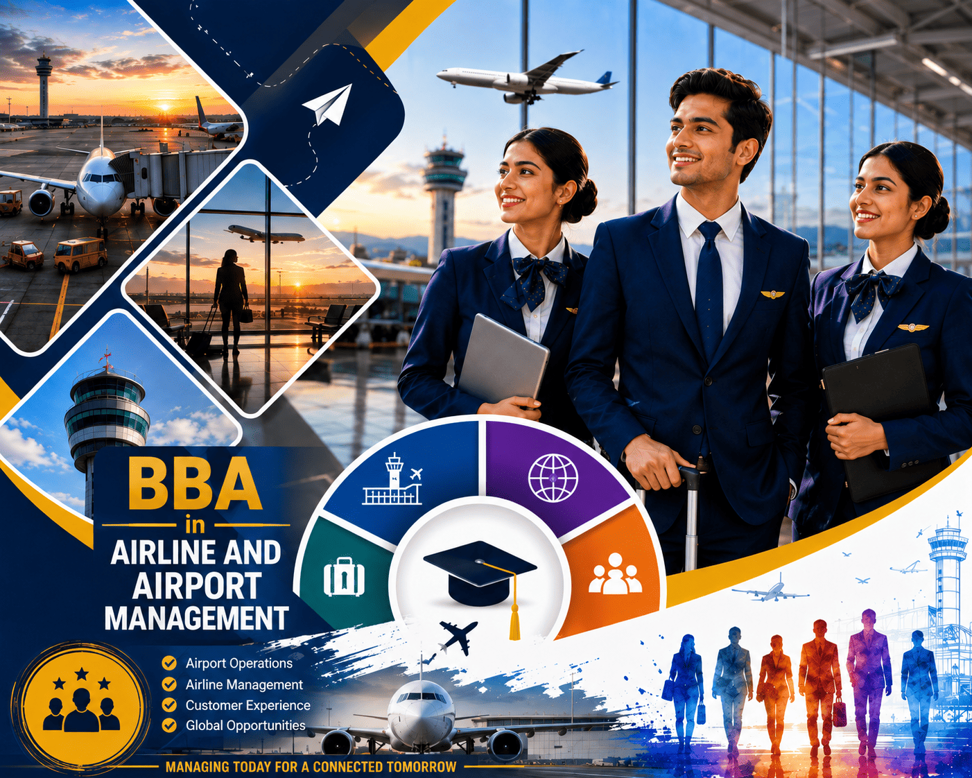 Students in professional aviation attire standing at a modern international airport with an aircraft, airport terminal, and aviation management icons representing BBA in Airline and Airport Management.