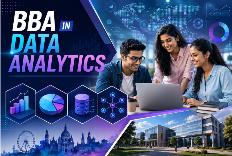 Students learning data analytics with AI dashboards, business charts, laptops, and a modern university campus representing BBA in Data Analytics.