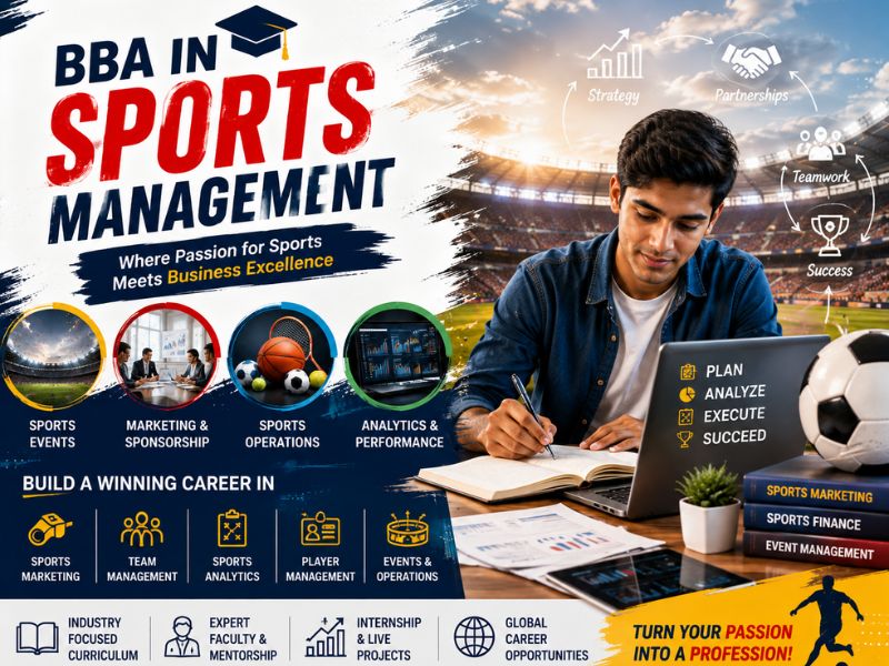Students studying BBA in Sports Management with a stadium, sports equipment, business analytics, and modern university campus.