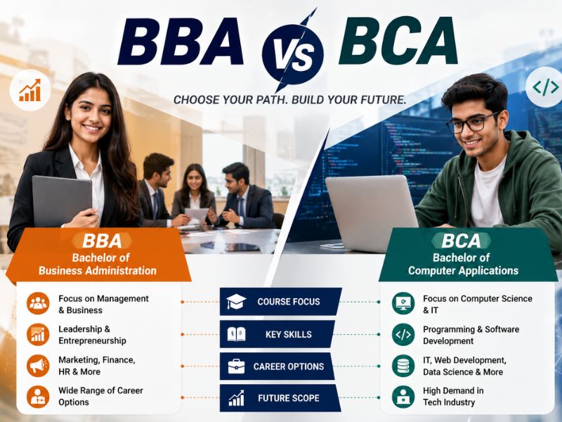Comparison of BBA vs BCA showing business management and computer application students with career opportunities and future scope