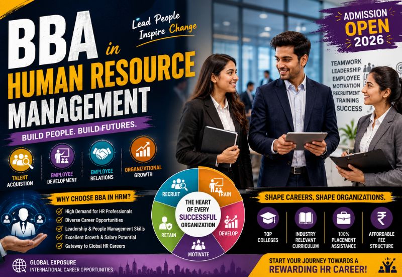 Students discussing human resource management in a modern office with recruitment, leadership, teamwork, and HR management icons representing BBA in Human Resource Management.