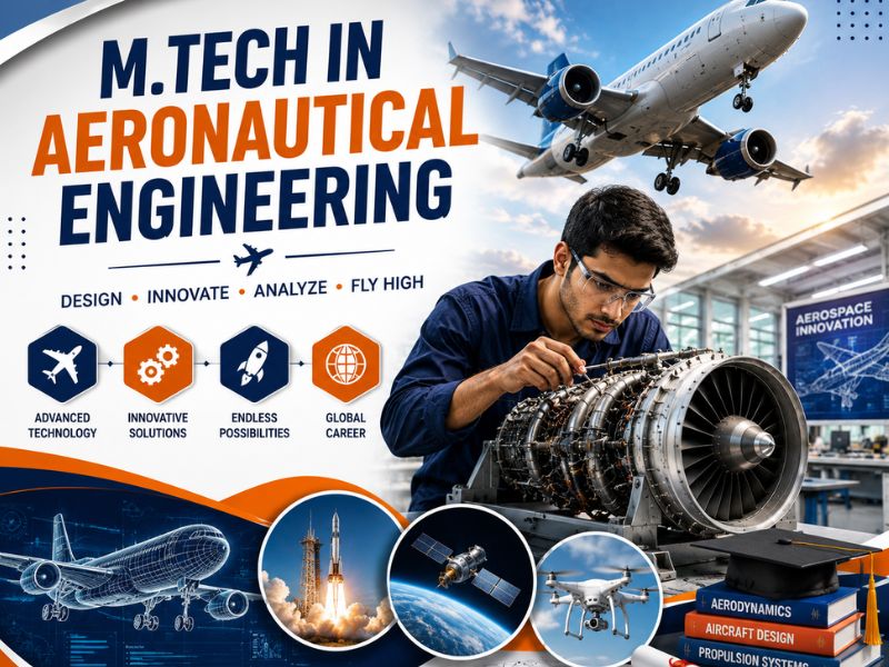 M.Tech in Aeronautical Engineering with aircraft, aerospace laboratory, jet engine, and engineering student
