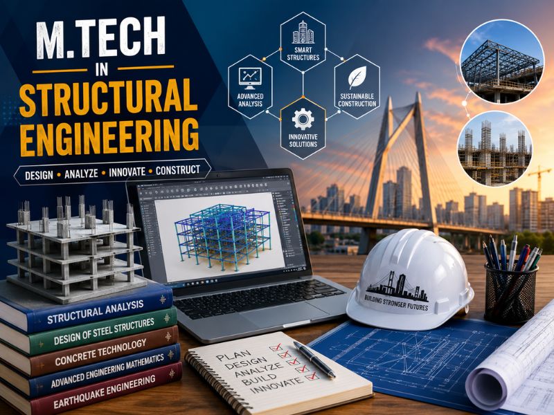 M.Tech in Structural Engineering 2026 with structural design, construction technology, 3D building model, and engineering tools