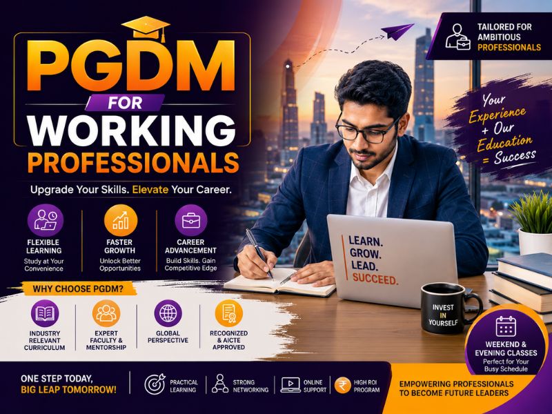 PGDM for Working Professionals 2026 with professional studying management on laptop
