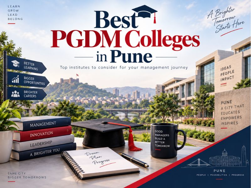 Students walking outside modern campus building of best PGDM colleges in Pune