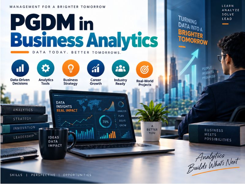 Students analyzing data dashboards and business metrics in a modern computer lab for PGDM in Business Analytics