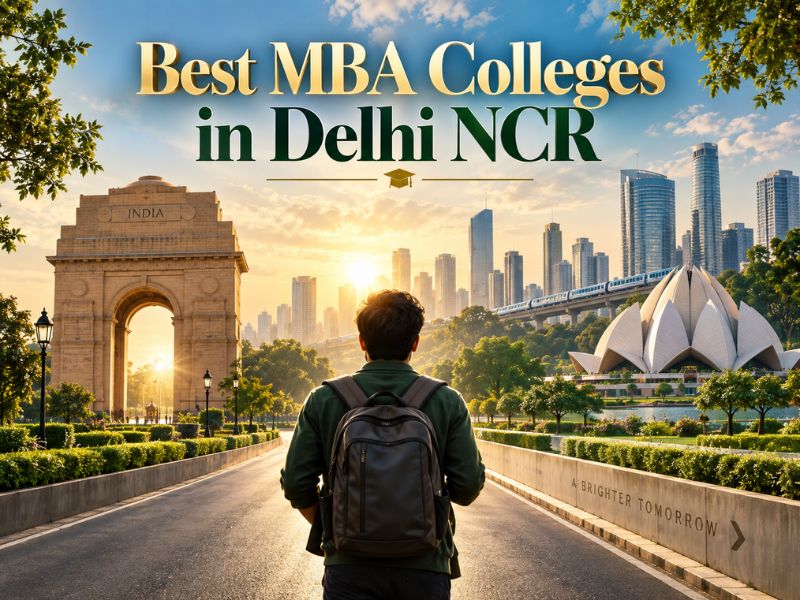 Students walking outside a modern campus building of the best MBA colleges in Delhi NCR