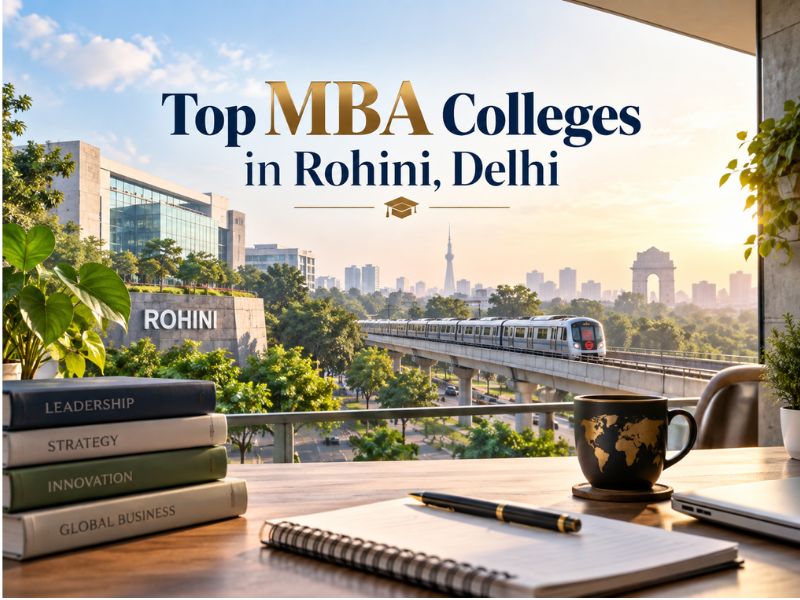 Modern campus building and students of top MBA colleges in Rohini Delhi