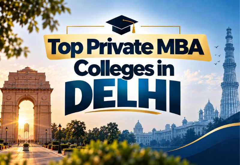 Modern campus building and students of top private MBA colleges in Delhi