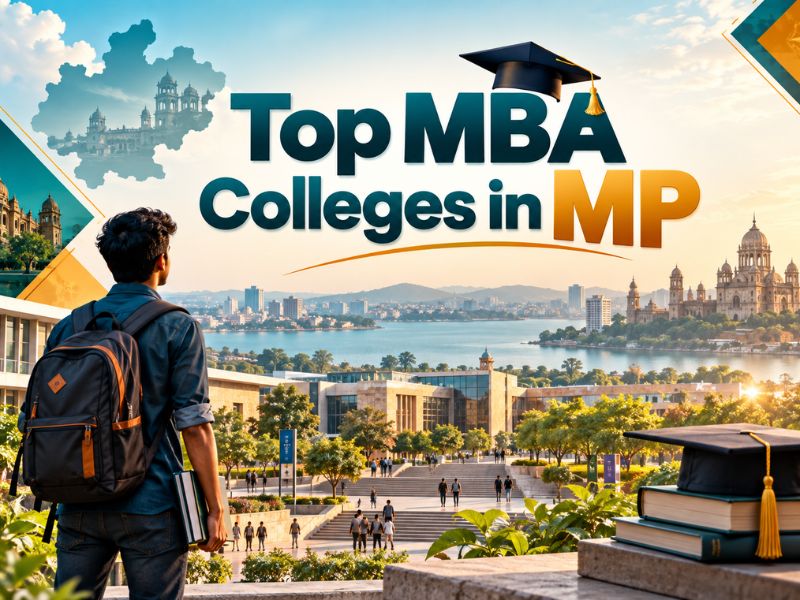 Modern campus building and students of top MBA colleges in Madhya Pradesh