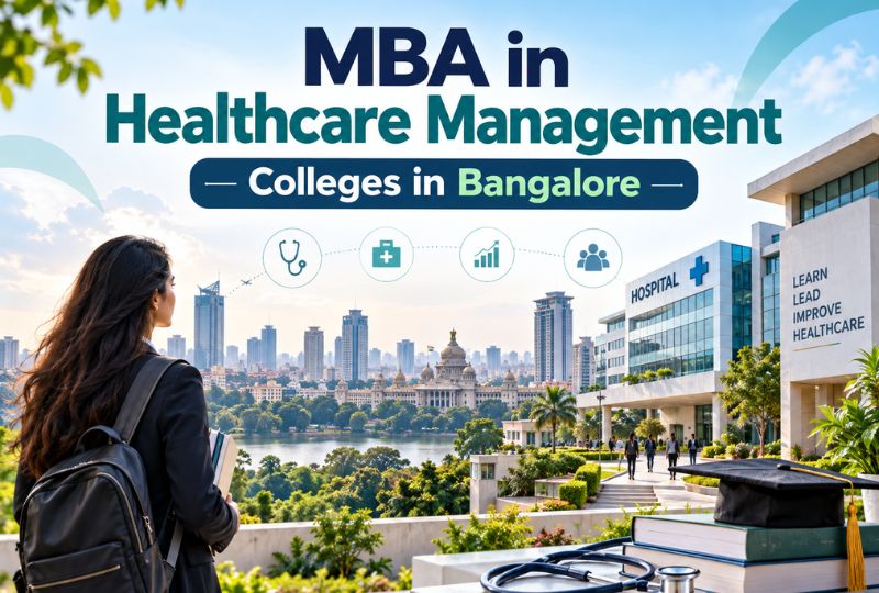 Healthcare management students and professionals discussing hospital administration in a modern Bangalore campus setting