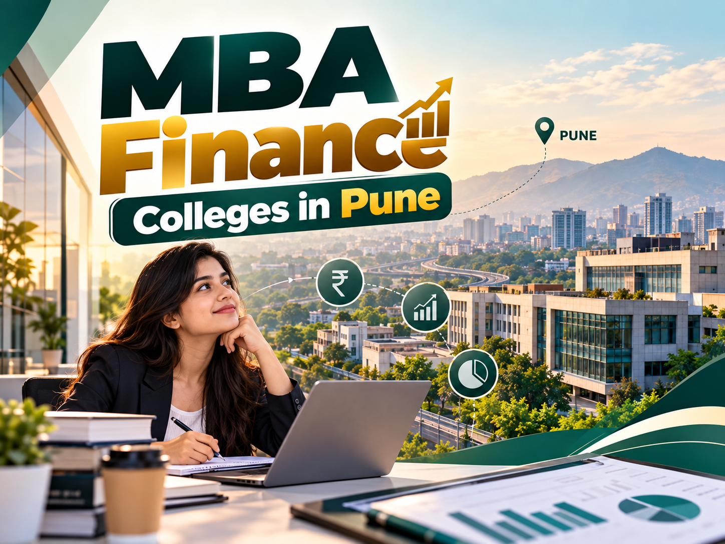 Finance students analyzing stock market trends and financial reports in a modern computer lab at a Pune business school