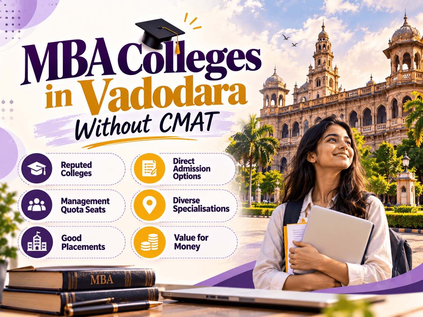 Students taking counseling session for direct MBA admission at a modern B-school campus in Vadodara