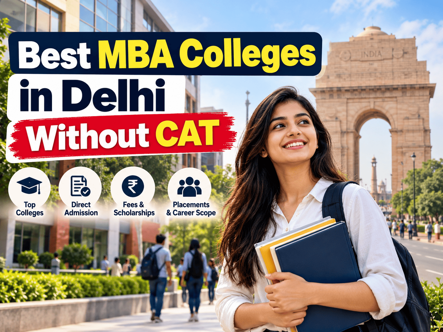 MBA aspirants discussing academic options at a top business school campus in Delhi NCR