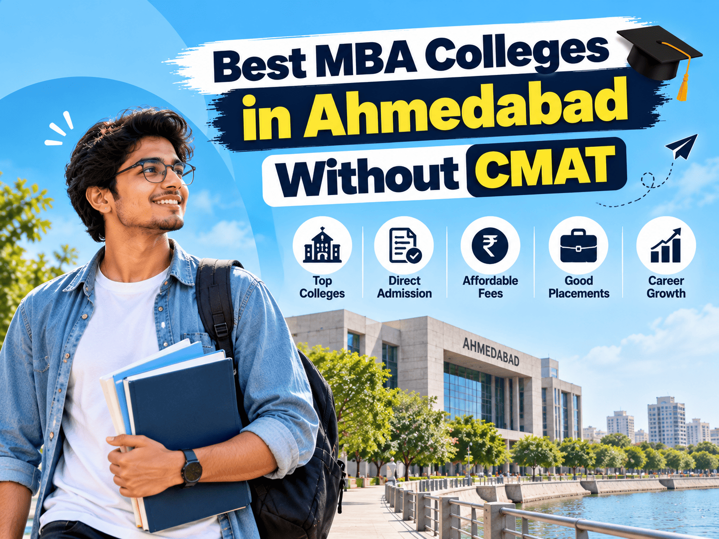 Management students in a group discussion on a modern university campus in Ahmedabad