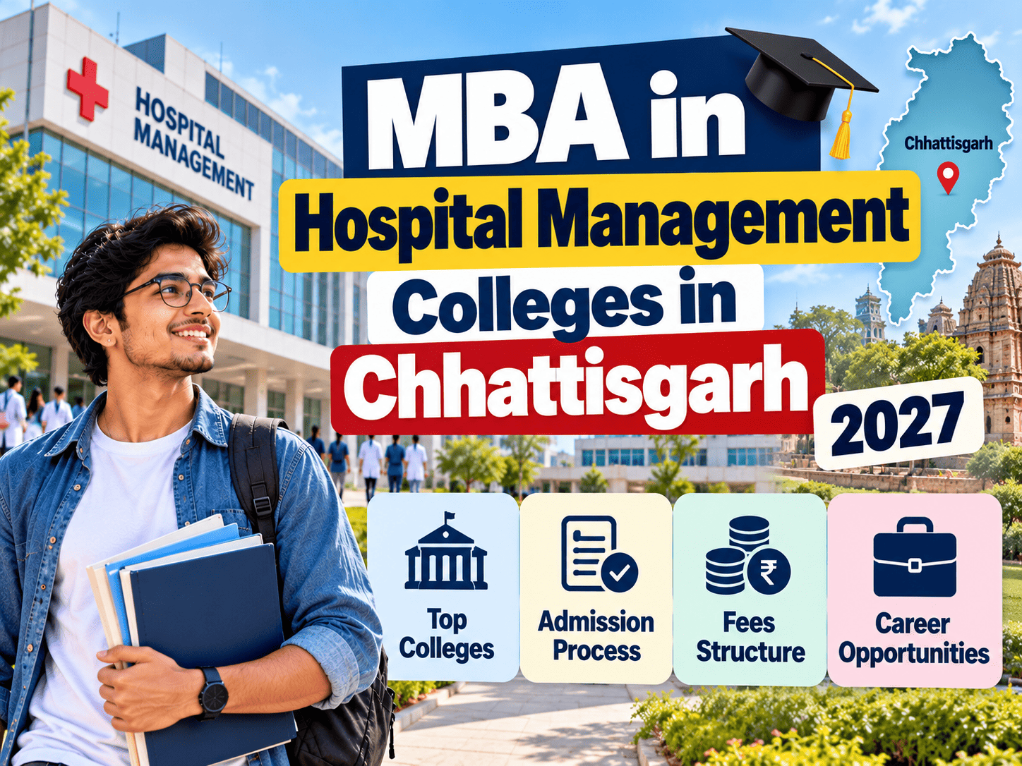 Healthcare management students and administrative staff in a modern hospital setting in Raipur, Chhattisgarh